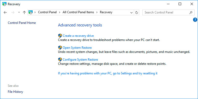 Recupero del sistema nel pannello di controllo di un computer Plater