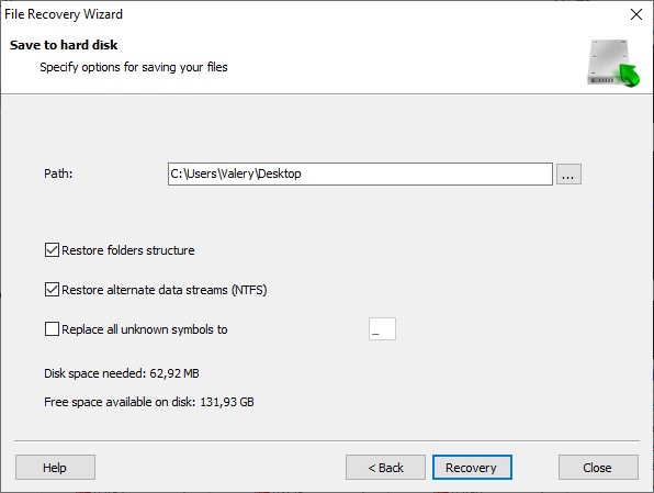 Percorso dei file recuperati in Hetman Partition Recovery