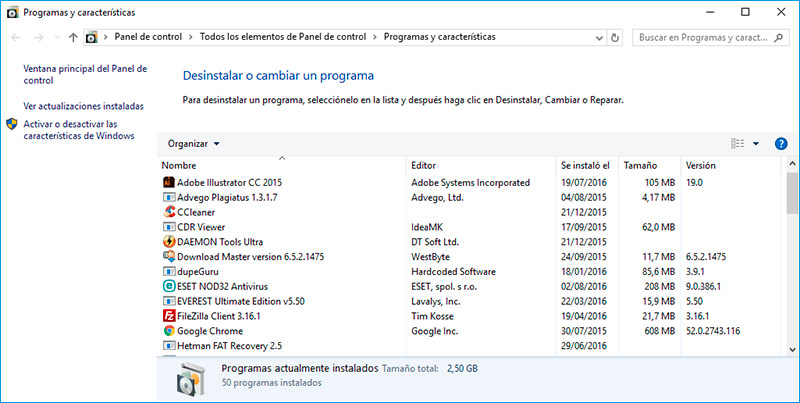 Programmi e componenti di Windows 10